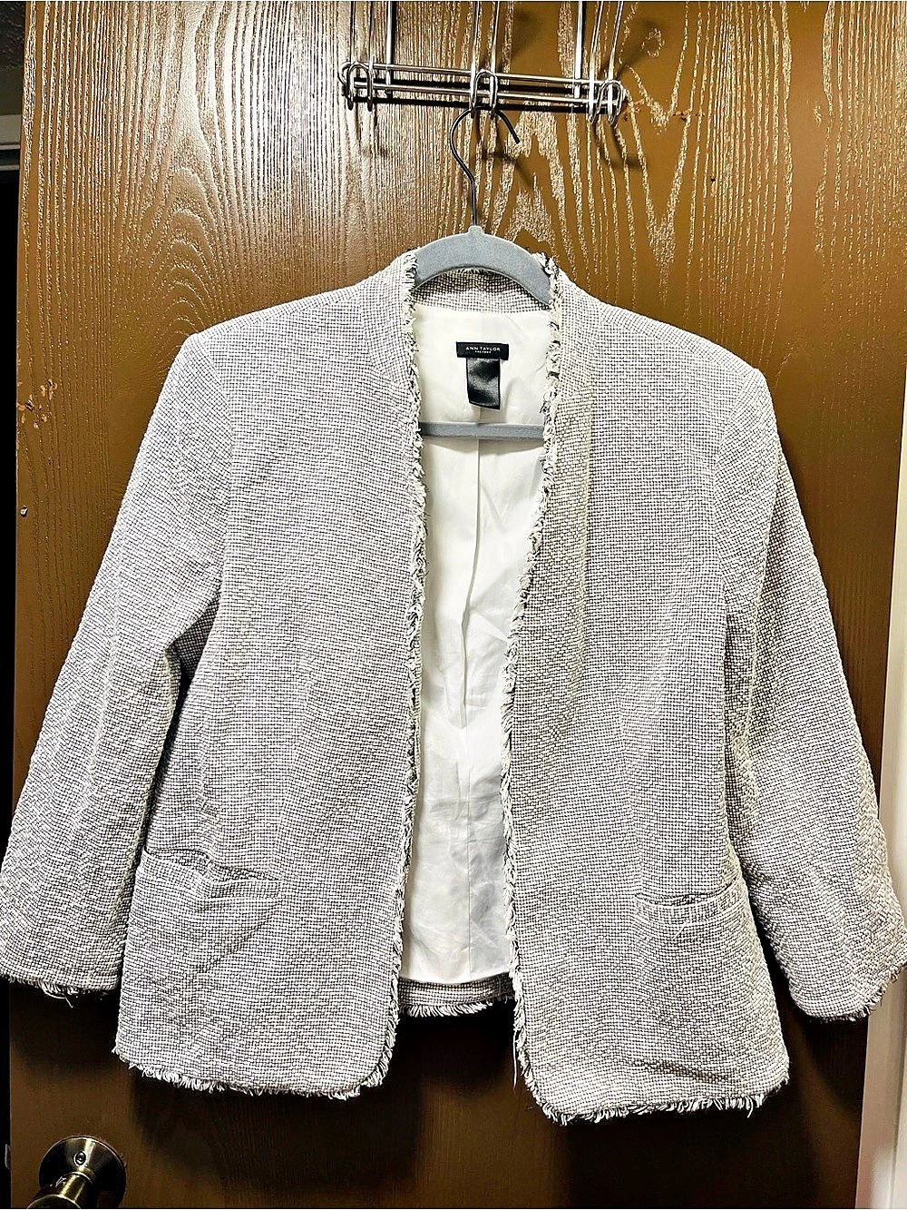 Ann Taylor Factory Checkered Fringe Blazer in White & Black Size 10
